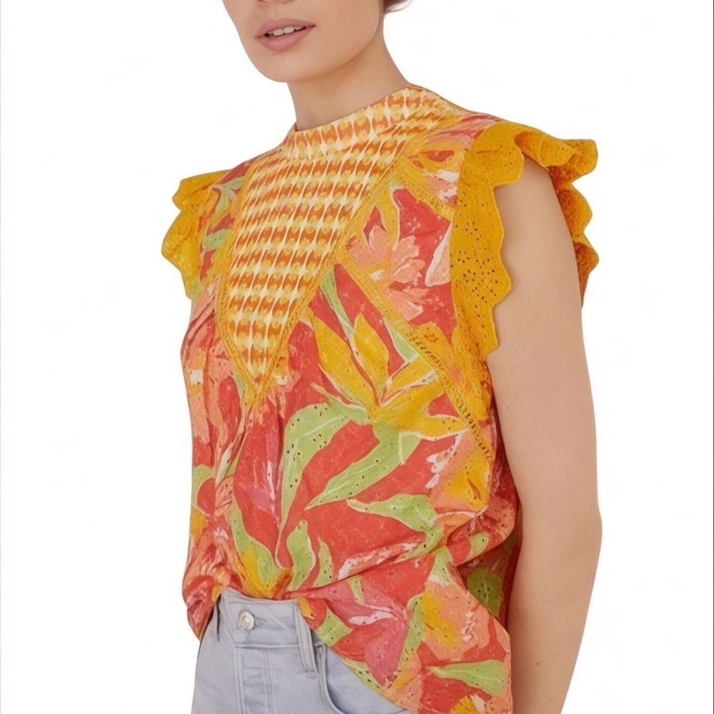 Verb PALLAVI SINGHEE Colorful Eyelet Babydoll Boho 100% Cotton Lined Top Size M